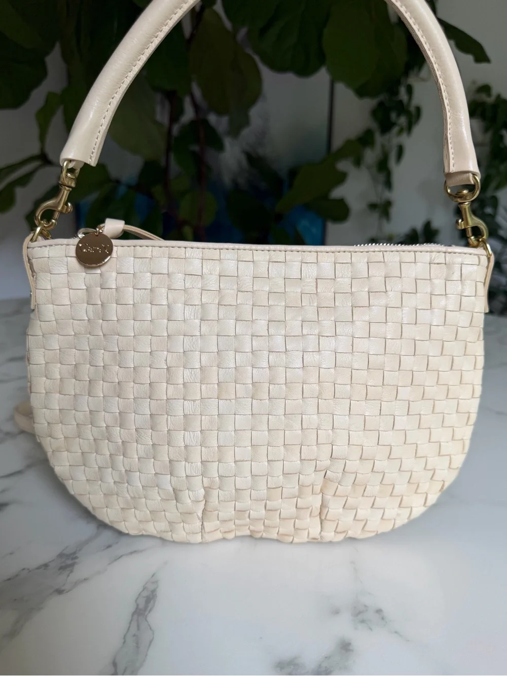 Clare V Petit Moyen Cream Woven Checker Leather Crossbody Shoulder Bag